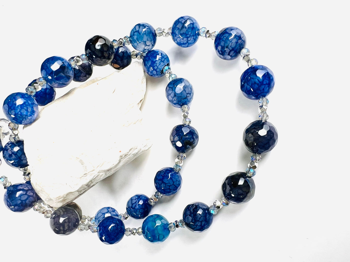 Faceted Fire Agate Natural Blue Round Bead Gemstones Necklace Silver spacer and clasp with optional 2" Extender