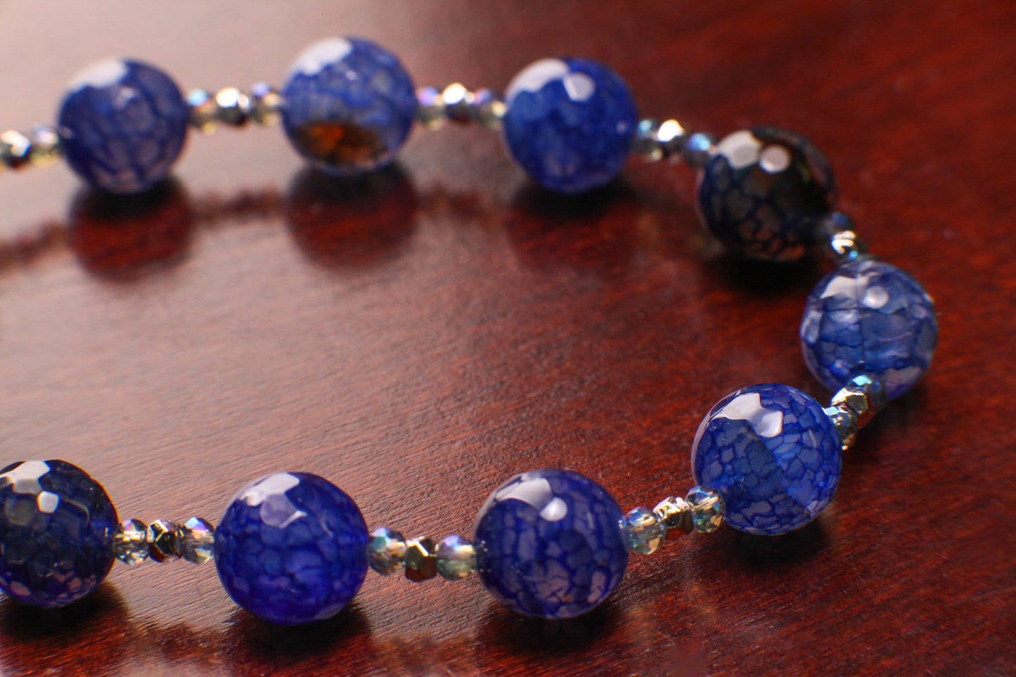Faceted Fire Agate Natural Blue Round Bead Gemstones Necklace Silver spacer and clasp with optional 2" Extender