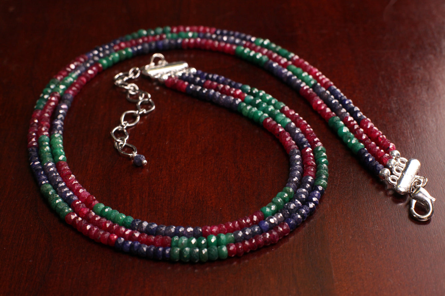 Ruby Sapphire Emerald 3 Line Necklace 4.5-5mm 17" Necklace with 3" Rhodium Lobster Extender Clasp Extender 315cts