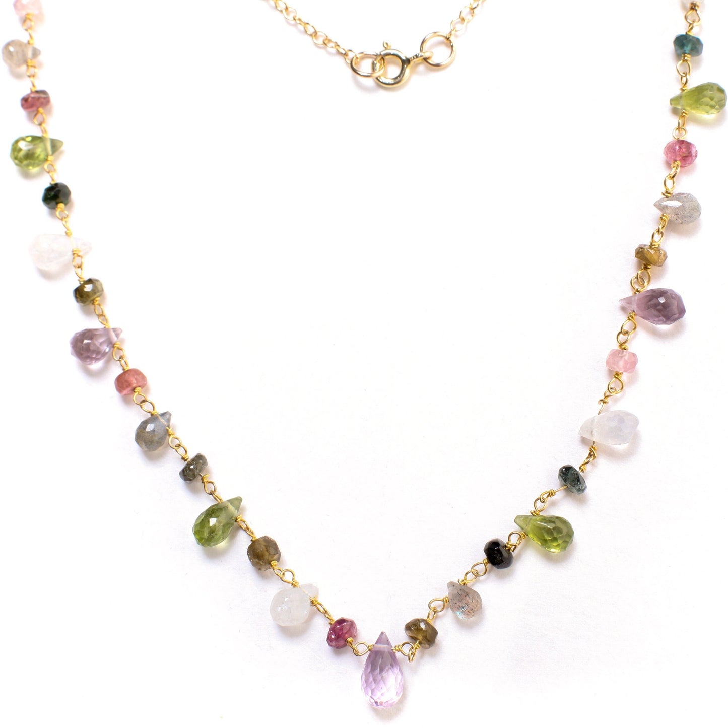 Multi Gemstone Necklace Wire Wrapped Faceted Peridot, Moonstone Briolette Drop 4x6-5x9mm,Rondelle in 14K Gold Filled Chain & Clasp Necklace