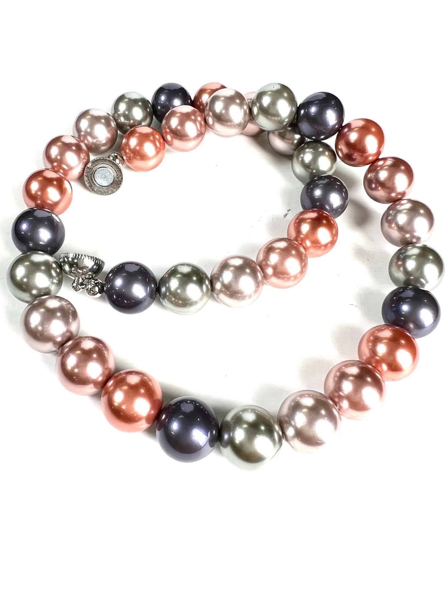 Multi Color 12mm South Seashell Pearl mag ball clasp Necklace, soft pink, blue,teal green color bridal Evening wear, party, Elegant gift