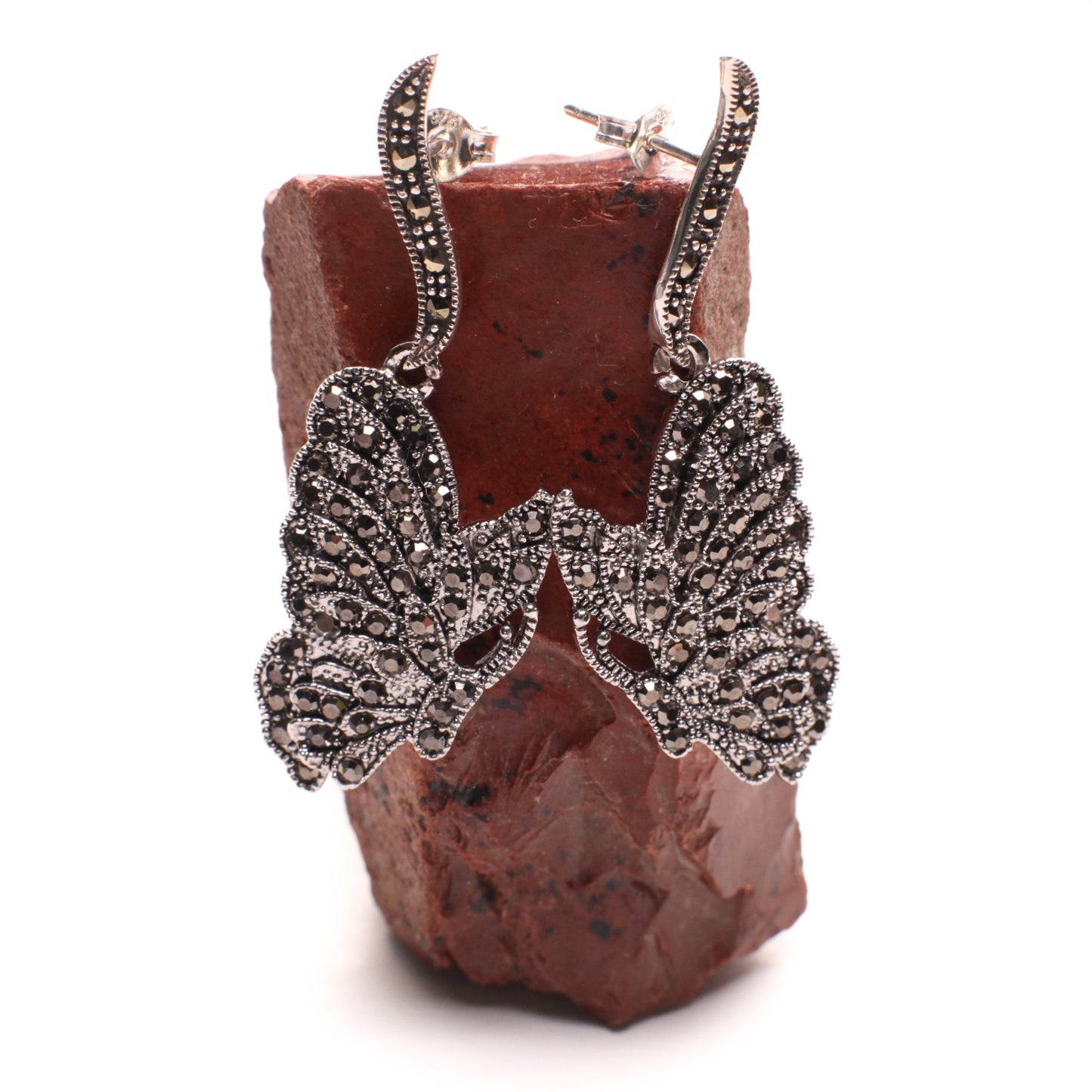 Vintage Marcasite 925 Sterling Silver large Butterfly 17x44mm Fancy Post Earrings, Vintage, 925 Stamped Antique Gift for her