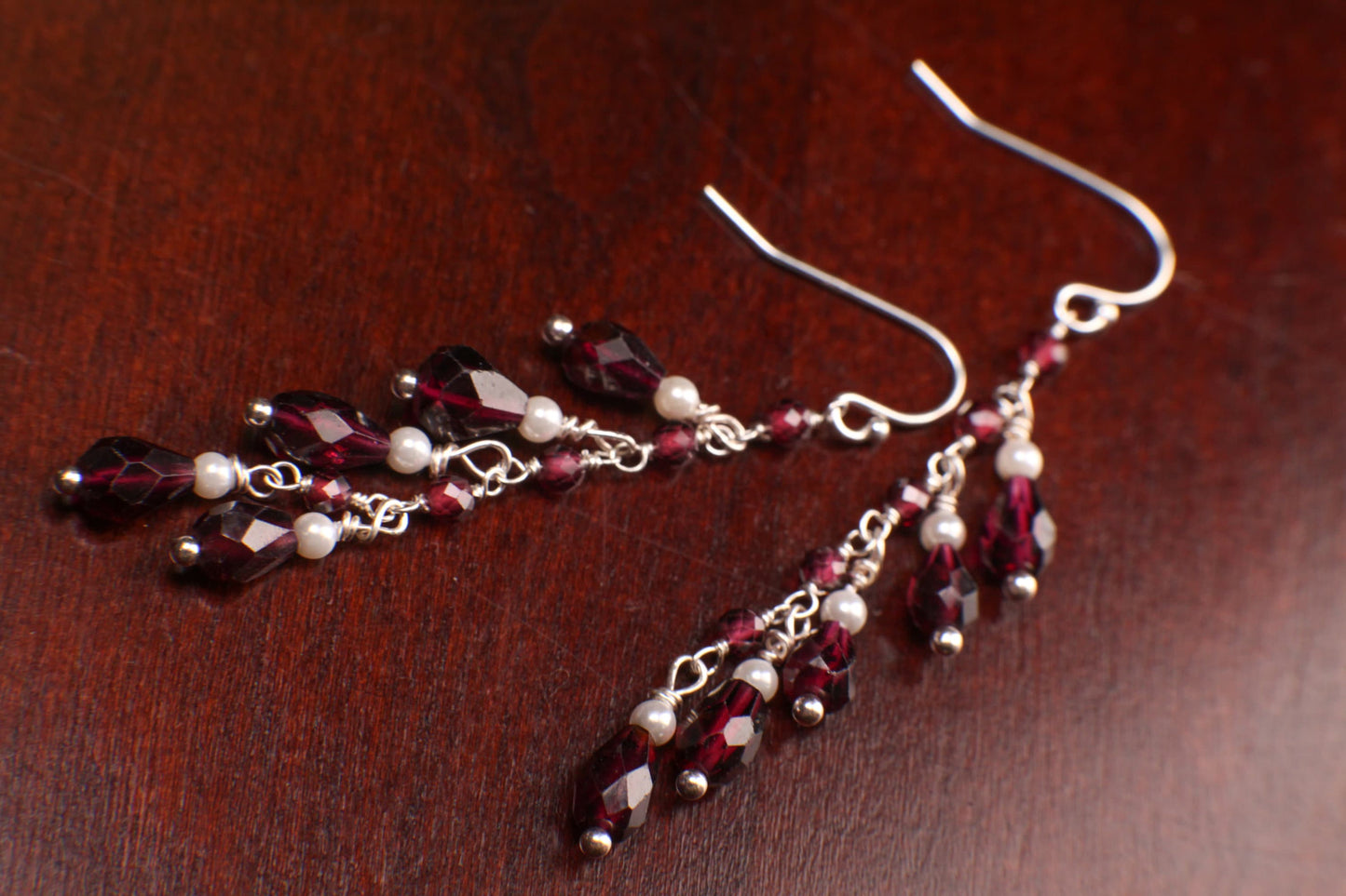 Genuine Garnet Faceted Dangling Teardrop Wire Wrapped Pearl Spacers Earrings, 925 Sterling Silver, Valentine, Bridesmaid, Gift For Her