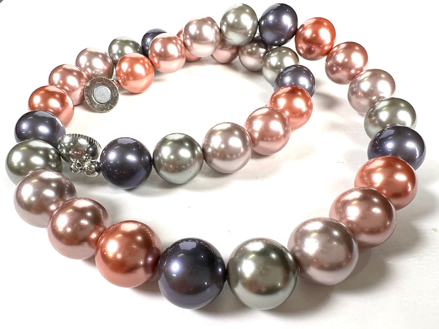 Multi Color 12mm South Seashell Pearl mag ball clasp Necklace, soft pink, blue,teal green color bridal Evening wear, party, Elegant gift