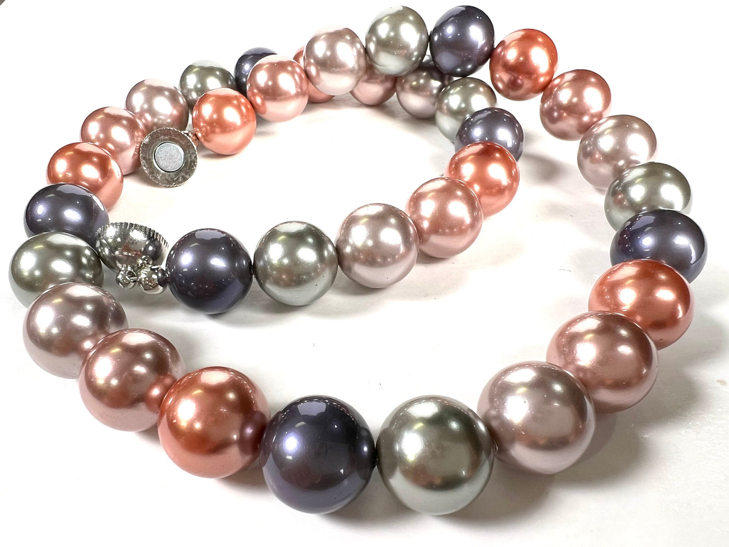 Multi Color 12mm South Seashell Pearl mag ball clasp Necklace, soft pink, blue,teal green color bridal Evening wear, party, Elegant gift