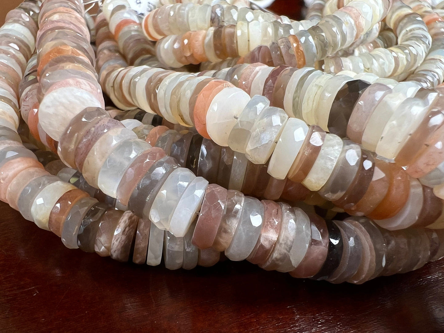 Natural Multi Moonstone Faceted heishi tyre wheel shape roundel. AAA High quality beautiful gemstones for jewelry making 4”,8 strand. 6.5mm-