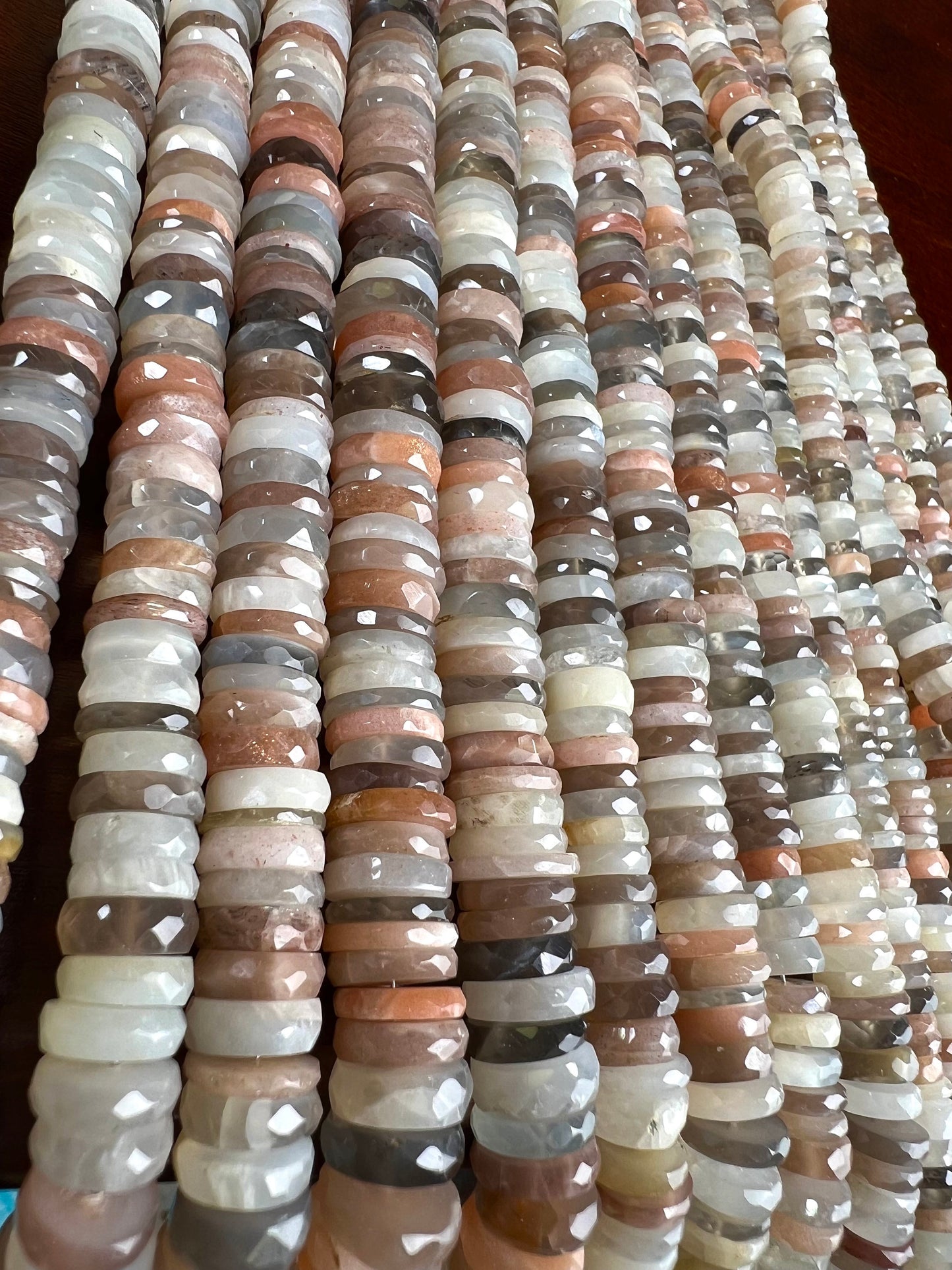 Natural Multi Moonstone Faceted heishi tyre wheel shape roundel. AAA High quality beautiful gemstones for jewelry making 4”,8 strand. 6.5mm-