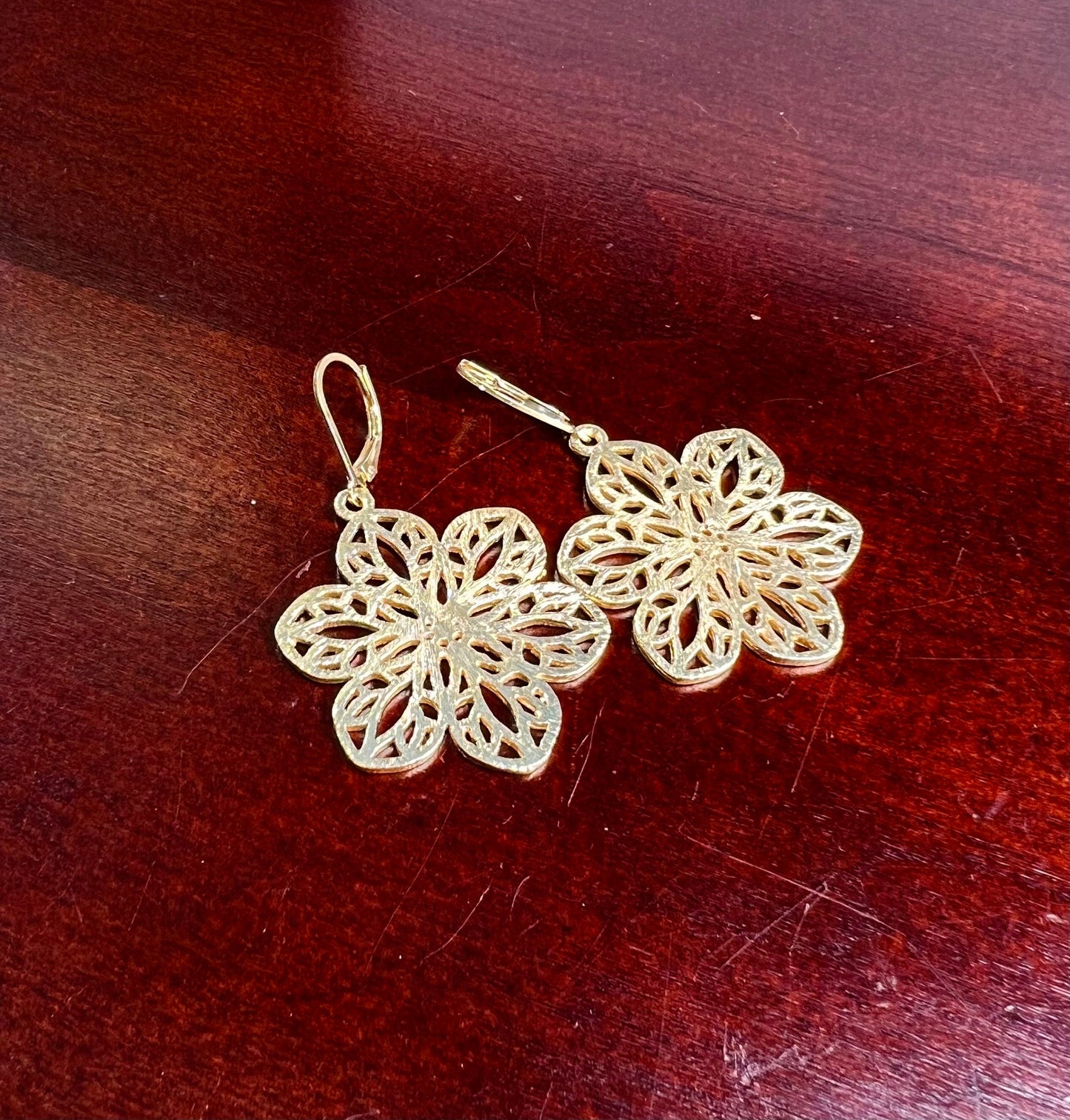 18k Gold Vermeil Bali brush gold Filigree flower 28x35mm Handmade Leverback Earrings, beautiful light yellow gold color Earrings, gift