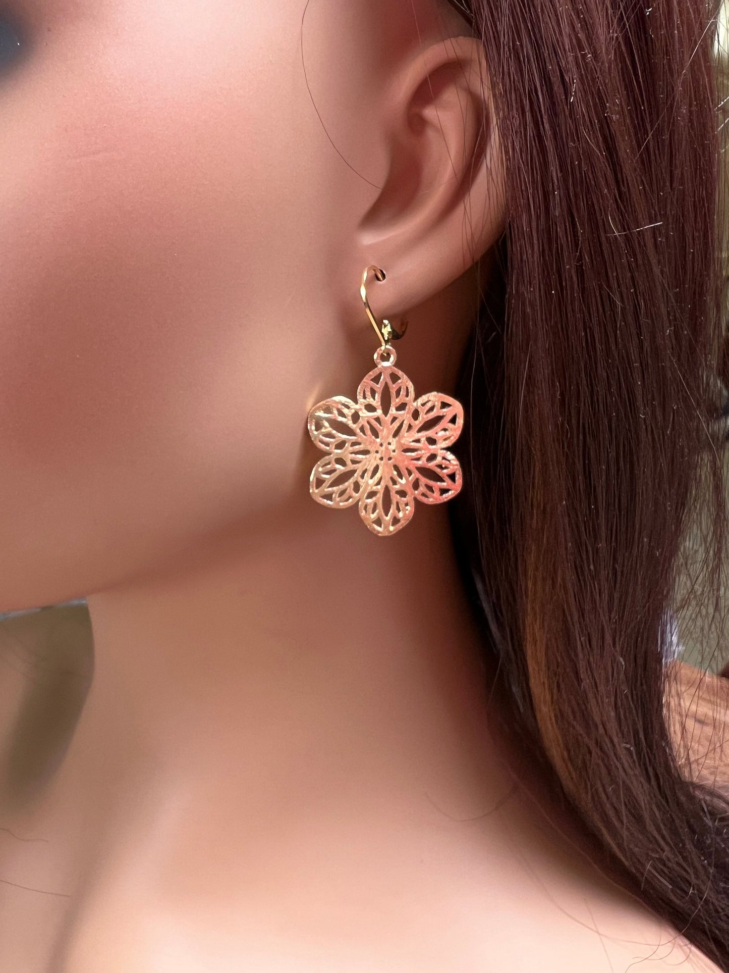 18k Gold Vermeil Bali brush gold Filigree flower 28x35mm Handmade Leverback Earrings, beautiful light yellow gold color Earrings, gift