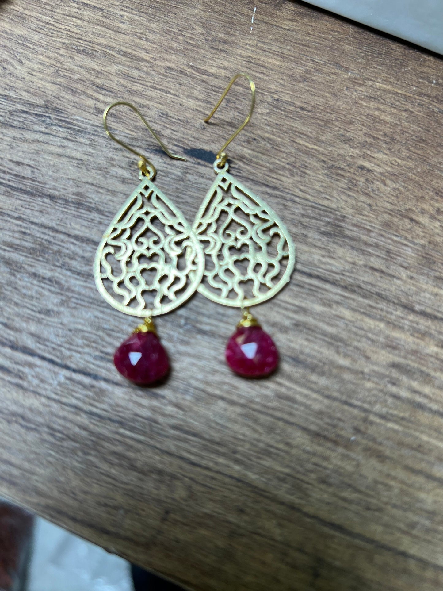 18k Gold Vermeil Bali brush gold Filigree 23x35mm long Handmade Earrings dangling with genuine Ruby heart drop, yellow gold Earrings, gift