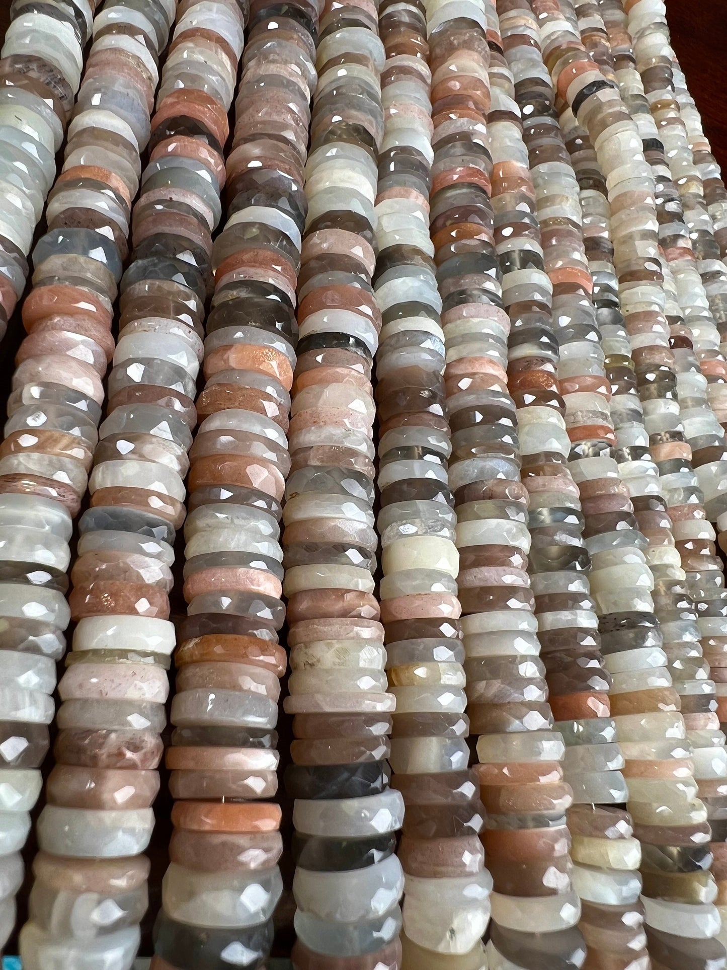 Natural Multi Moonstone Faceted heishi tyre wheel shape roundel. AAA High quality beautiful gemstones for jewelry making 4”,8 strand. 6.5mm-
