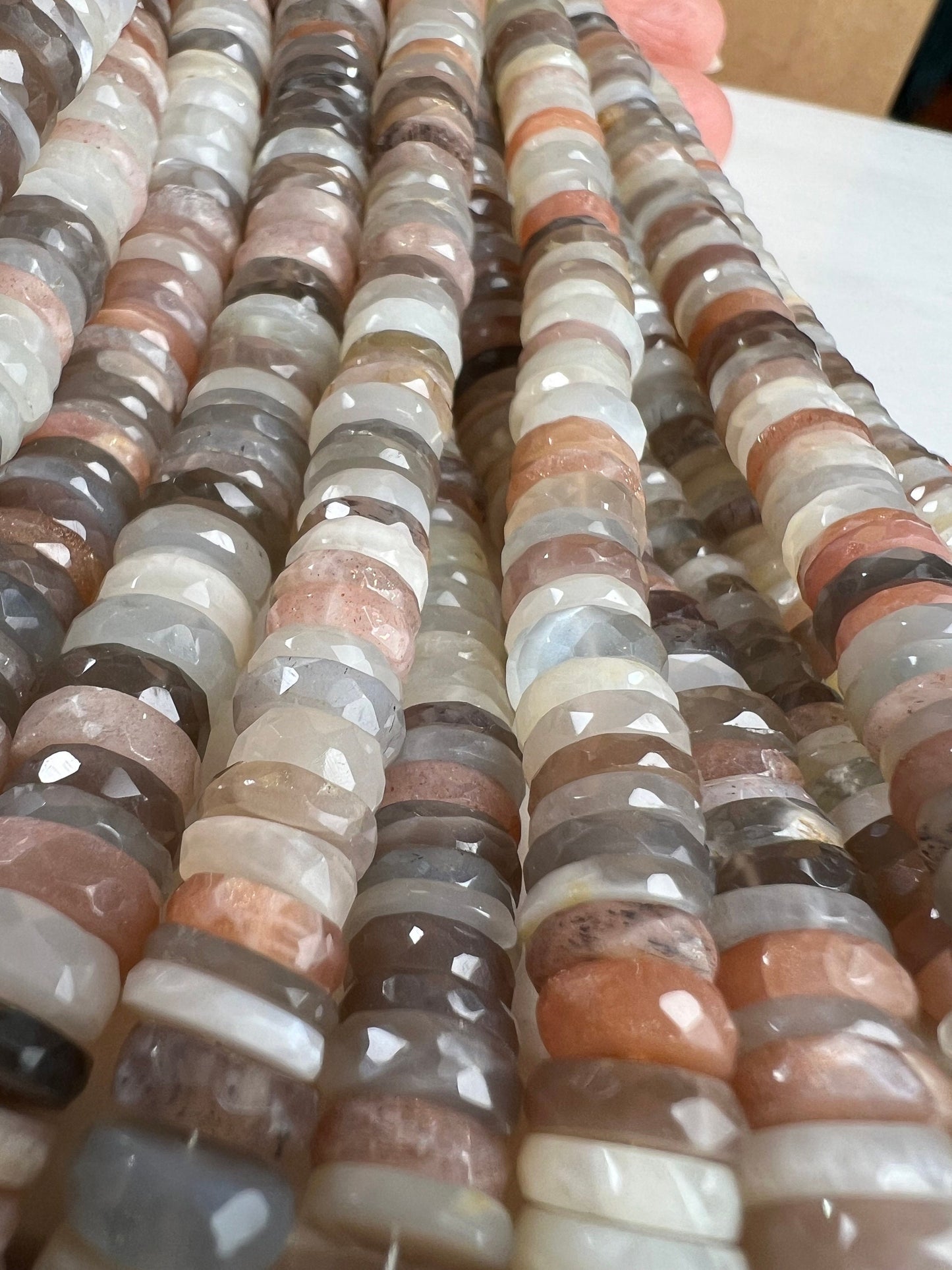 Natural Multi Moonstone Faceted heishi tyre wheel shape roundel. AAA High quality beautiful gemstones for jewelry making 4”,8 strand. 6.5mm-