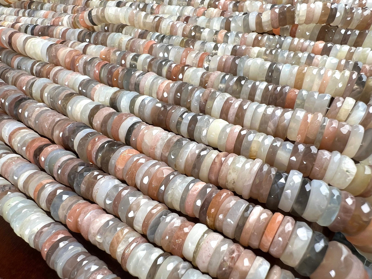 Natural Multi Moonstone Faceted heishi tyre wheel shape roundel. AAA High quality beautiful gemstones for jewelry making 4”,8 strand. 6.5mm-