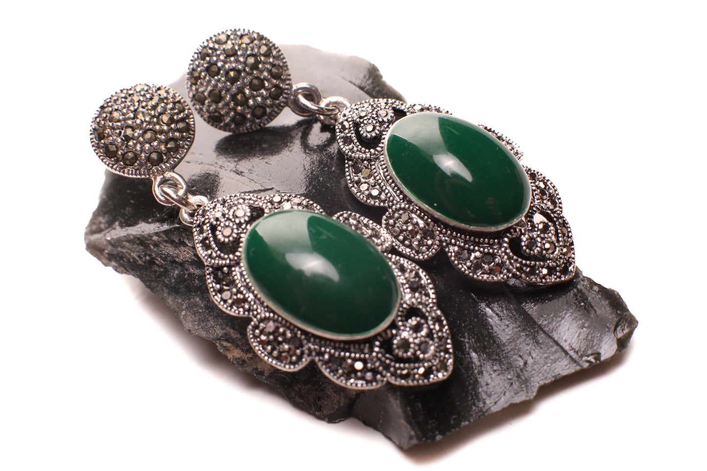 Vintage Marcasite 925 Sterling Silver, Green Onyx 28x48mm teardrop post dangling earrings. 925 stamped, Antique vintage gift for her