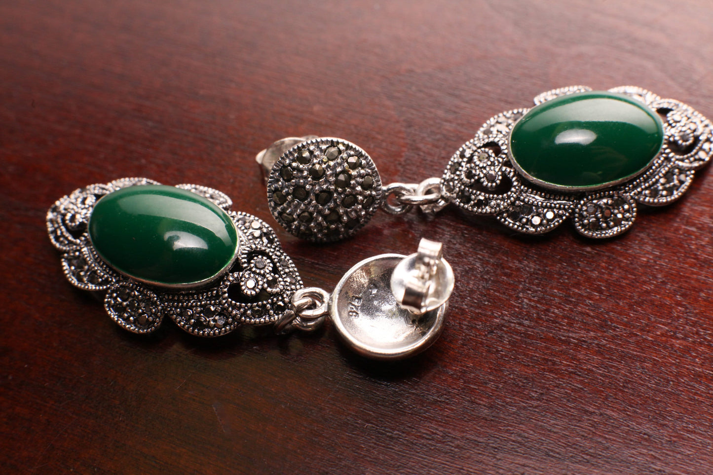 Vintage Marcasite 925 Sterling Silver, Green Onyx 28x48mm teardrop post dangling earrings. 925 stamped, Antique vintage gift for her