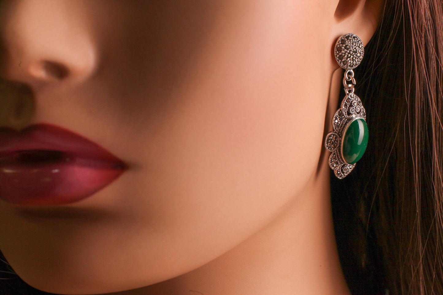 Vintage Marcasite 925 Sterling Silver, Green Onyx 28x48mm teardrop post dangling earrings. 925 stamped, Antique vintage gift for her