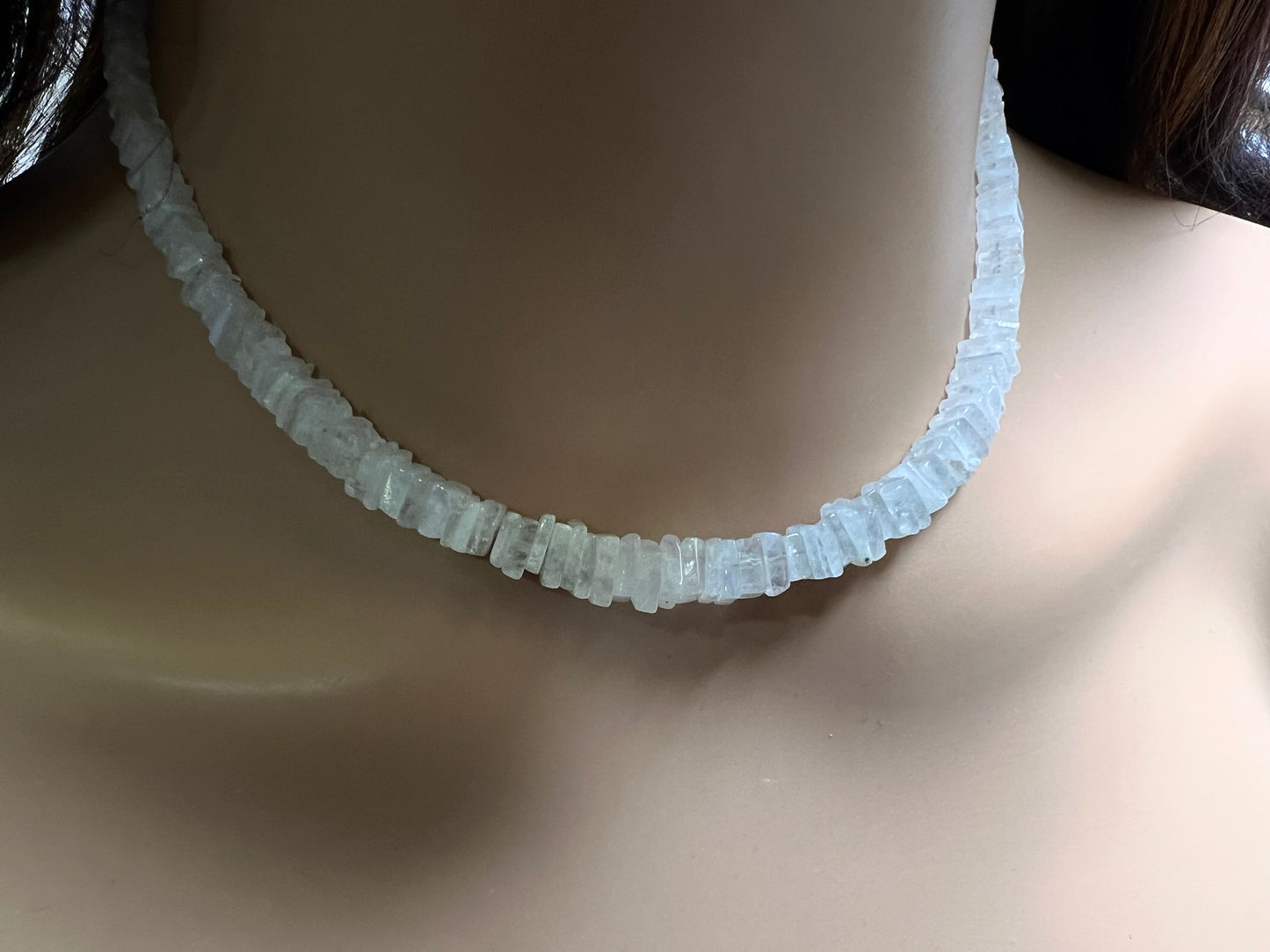 Natural Rainbow Moonstone square heishi 4-7.5mm graduated silver Necklace Healing, Energy, Gift