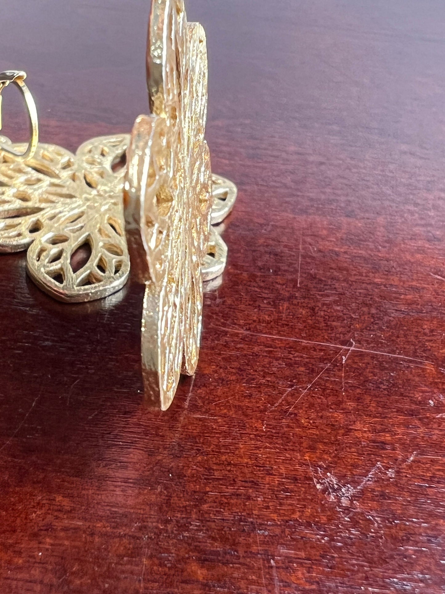 18k Gold Vermeil Bali brush gold Filigree flower 28x35mm Handmade Leverback Earrings, beautiful light yellow gold color Earrings, gift
