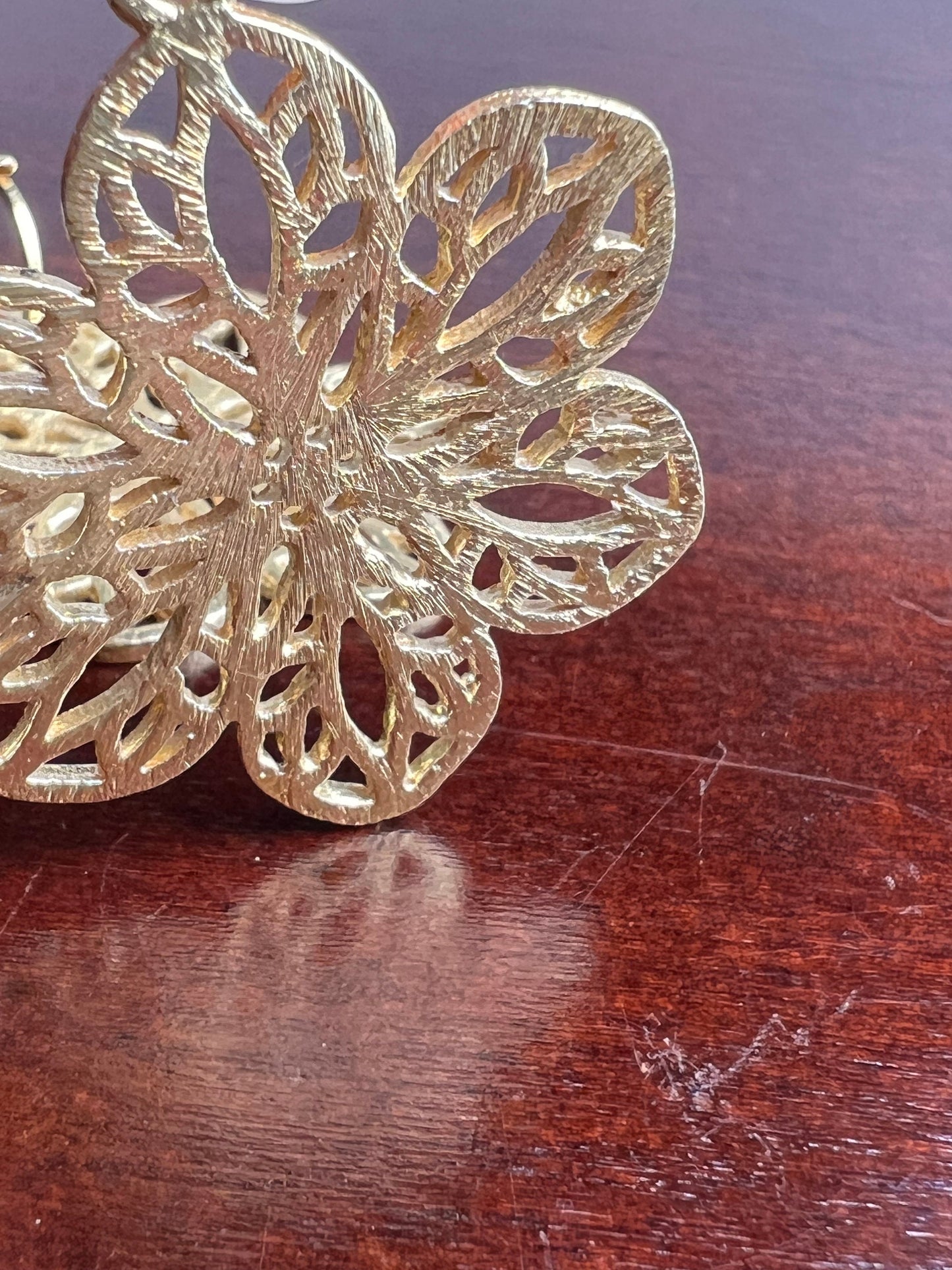18k Gold Vermeil Bali brush gold Filigree flower 28x35mm Handmade Leverback Earrings, beautiful light yellow gold color Earrings, gift