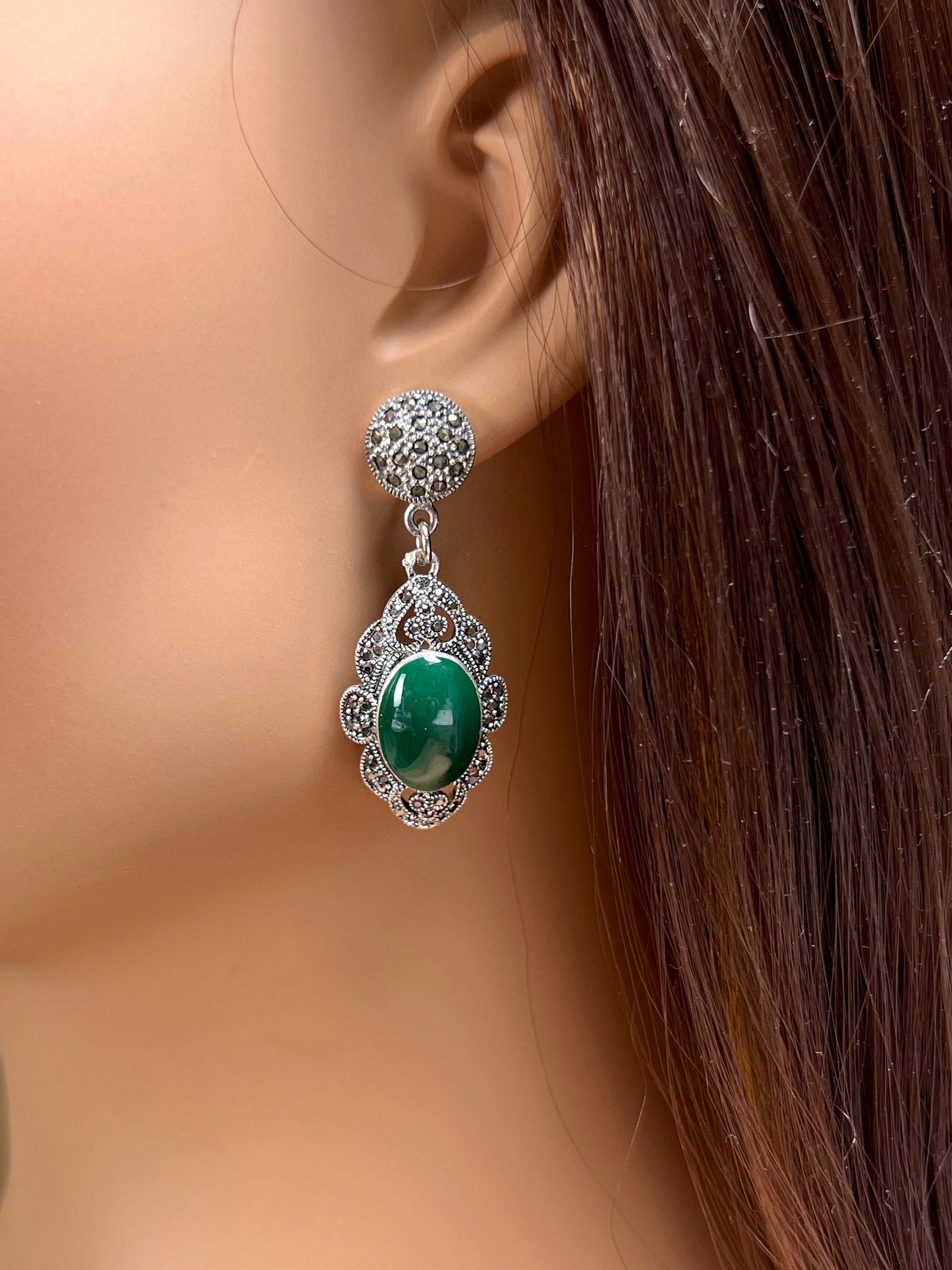Vintage Marcasite 925 Sterling Silver, Green Onyx 28x48mm teardrop post dangling earrings. 925 stamped, Antique vintage gift for her