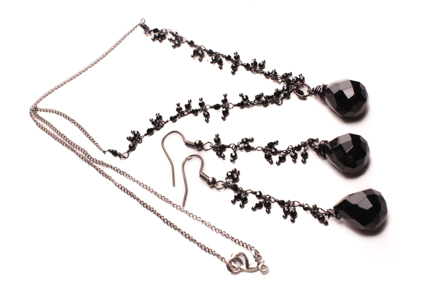 Black Onyx Teardrop Dangling with Black Spinel Clusters Wire Wrapped Necklace, Matching Earrings Jewelry Set Handmade Gift