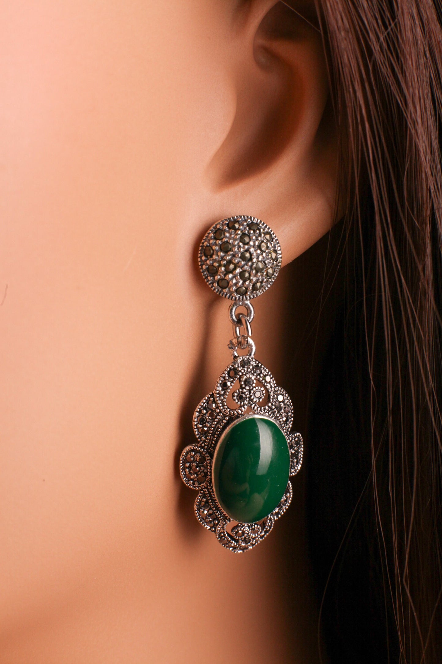 Vintage Marcasite 925 Sterling Silver, Green Onyx 28x48mm teardrop post dangling earrings. 925 stamped, Antique vintage gift for her