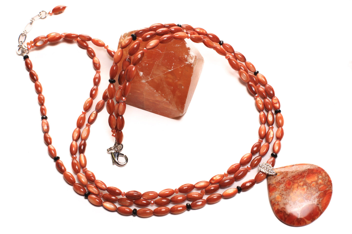 Natural Aqua Terra Jasper Large Teardrop Pendant with natural Mother of Pearl Rice Oval Black Onyx Spacers 3 Line Layer Adjustable Necklace.