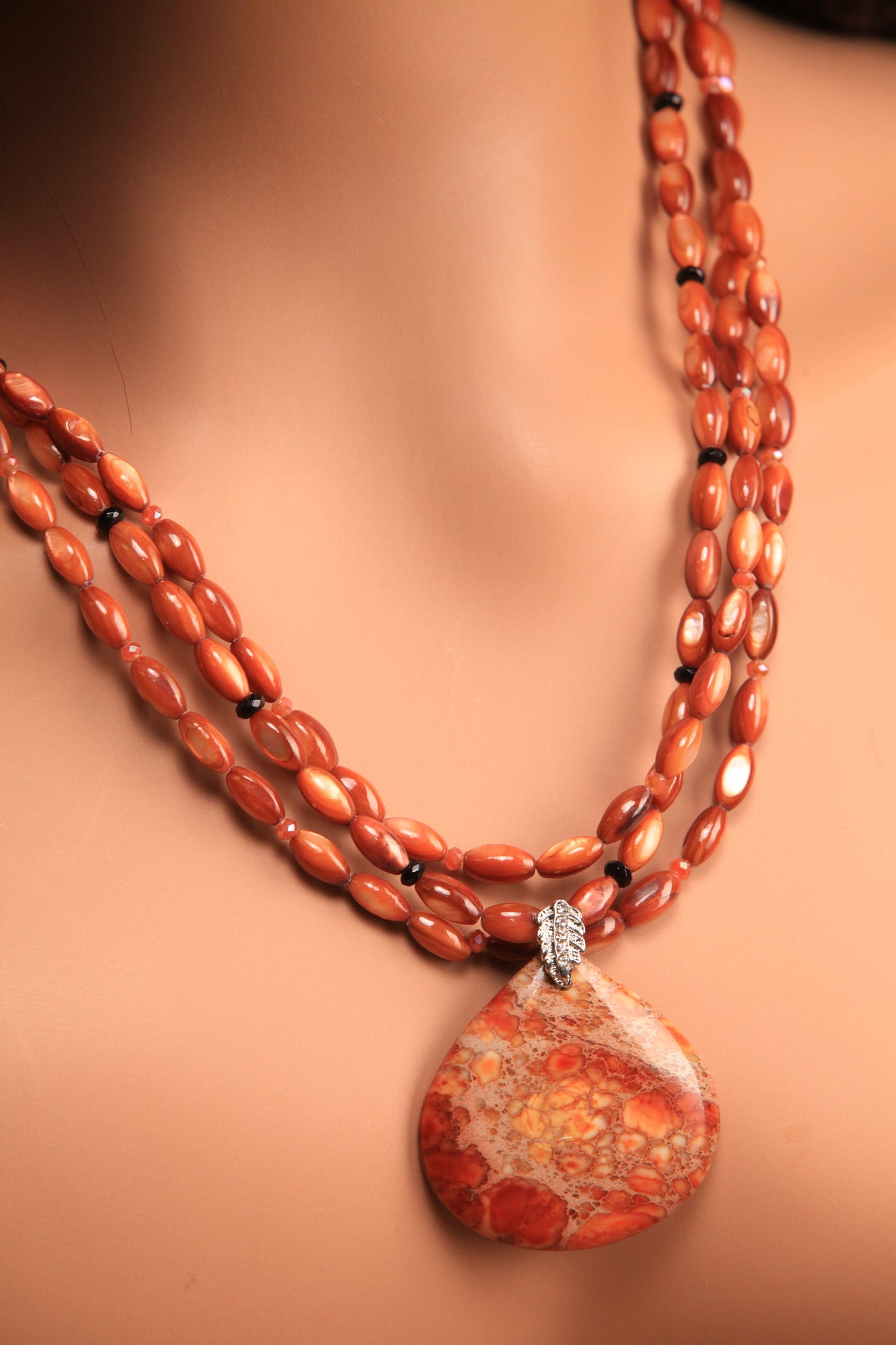 Natural Aqua Terra Jasper Large Teardrop Pendant with natural Mother of Pearl Rice Oval Black Onyx Spacers 3 Line Layer Adjustable Necklace.