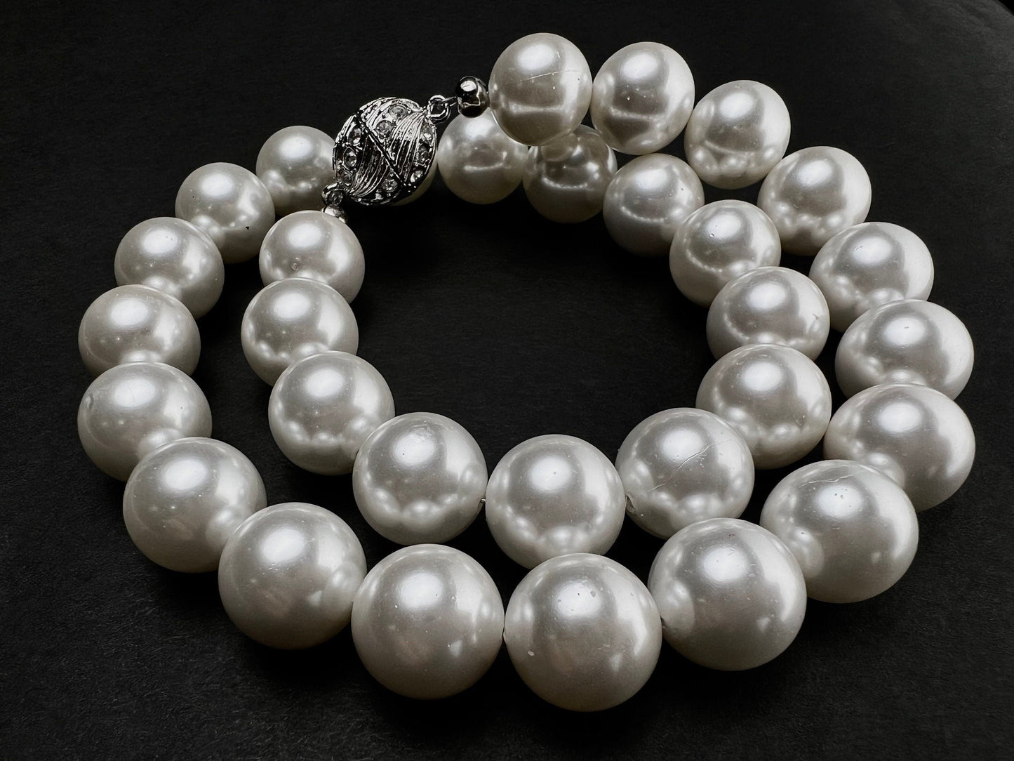White South Sea Shell Pearl 14mm Large High Luster Statement Necklace, Magnet Ball Silver Rhodium Ball Clasp Necklace, Bridal