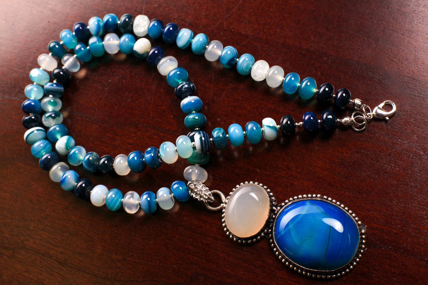 Natural Blue stipe agate 8mm roundel bead blue and white agate large pendant silver spacer 20" Necklace Beautiful blue white necklace gift