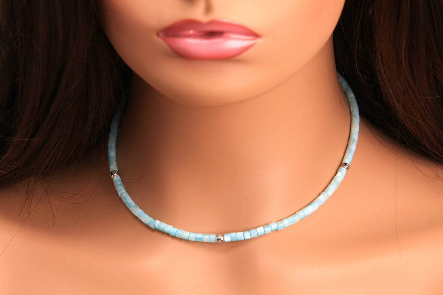Natural Mother of Pearl baby blue Heishi 4mm washer bead Bali Style Silver Spacers rhodium silver lobster clasp Necklace for Men and woman