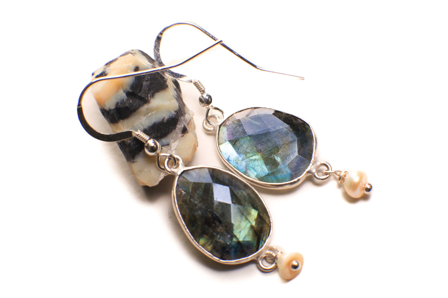 Labradorite Sterling Silver Earrings with Freshwater Pearl Dangle