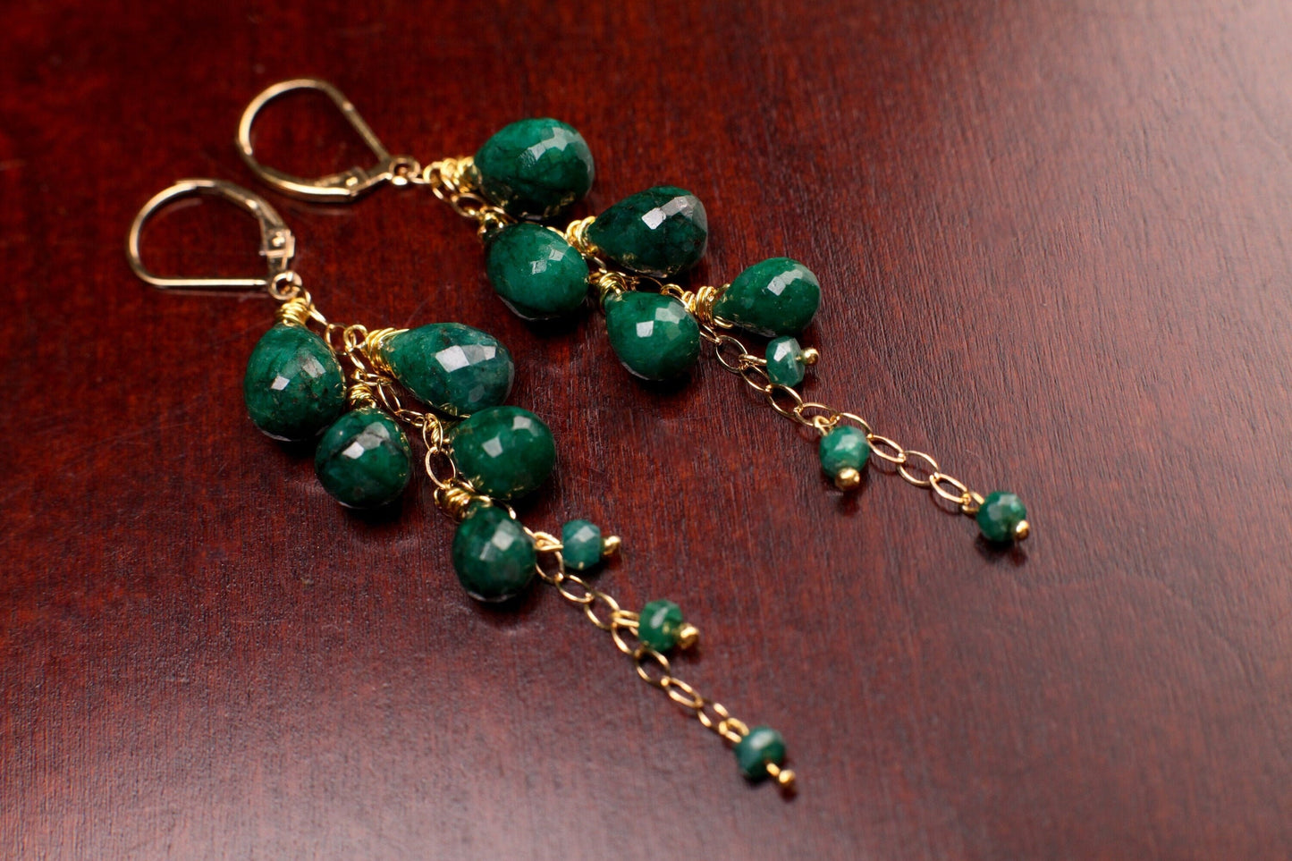 Natural Emerald Faceted Briolette Pear-drop Emerald 14K Gold Filled cascade Lever back Earrings, elegant precious Gift For Her