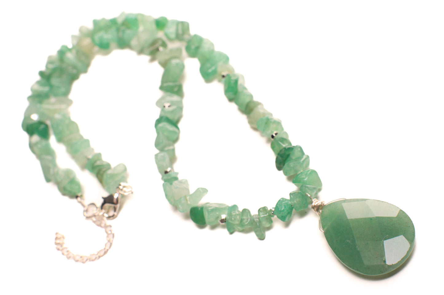 Green Aventurine Faceted Pear Drop 22x30mm Pendant Necklace with 2" Extension, matching earrings set. Chakra energy gift