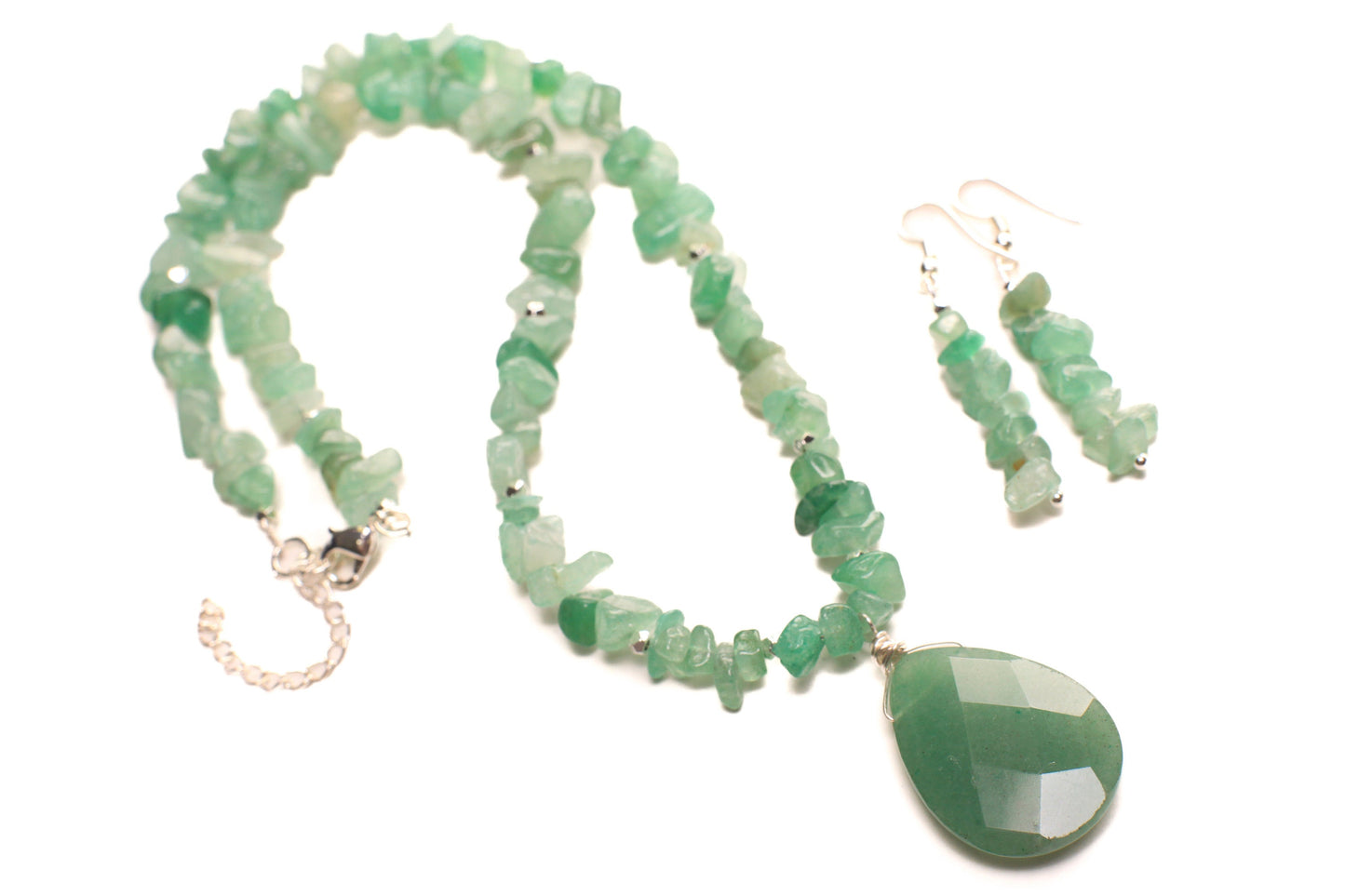 Green Aventurine Faceted Pear Drop 22x30mm Pendant Necklace with 2" Extension, matching earrings set. Chakra energy gift