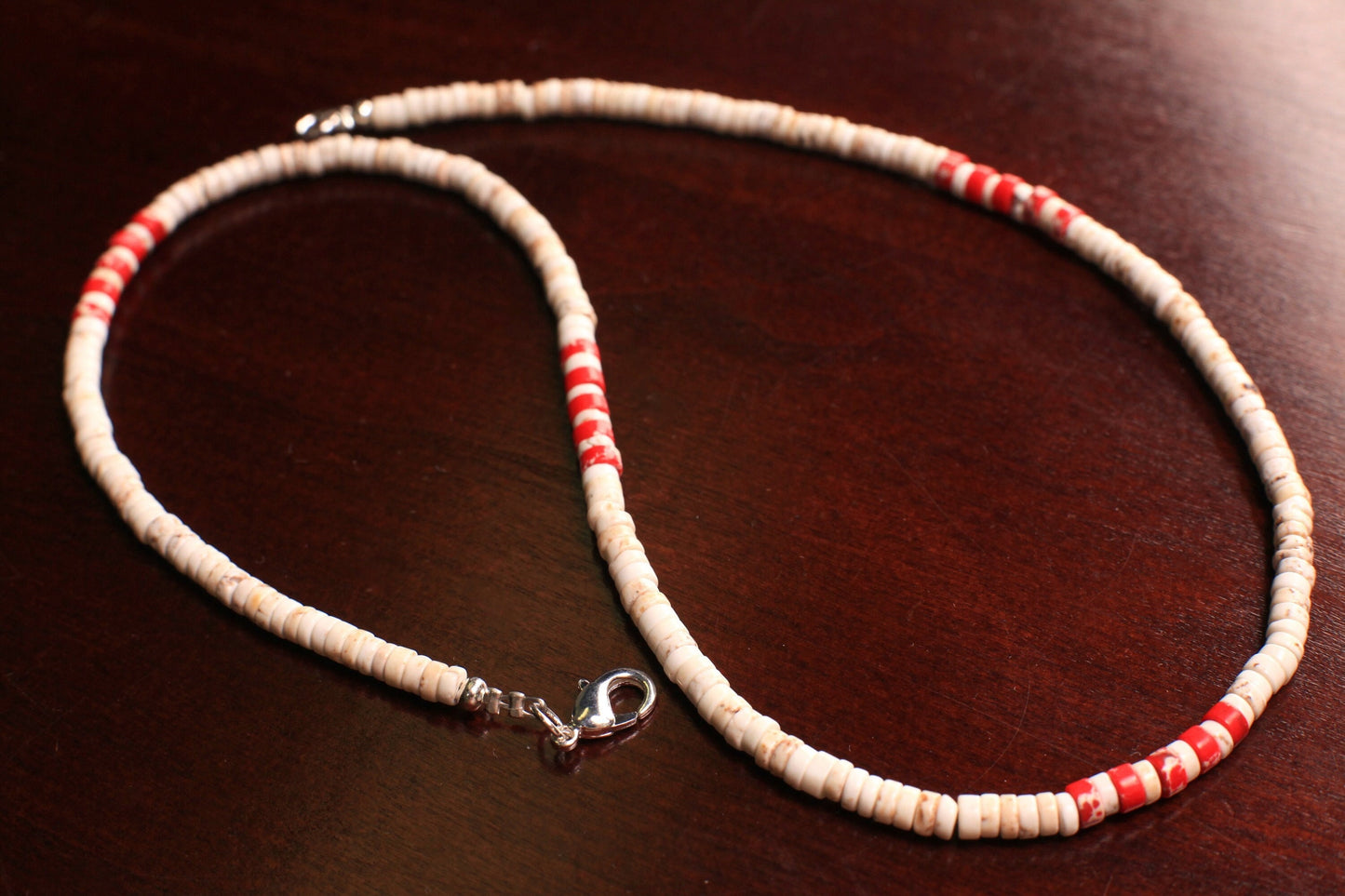 White Turquoise 4mm Heishi with Red impression jasper spacer Silver Necklace, for Man and Woman.