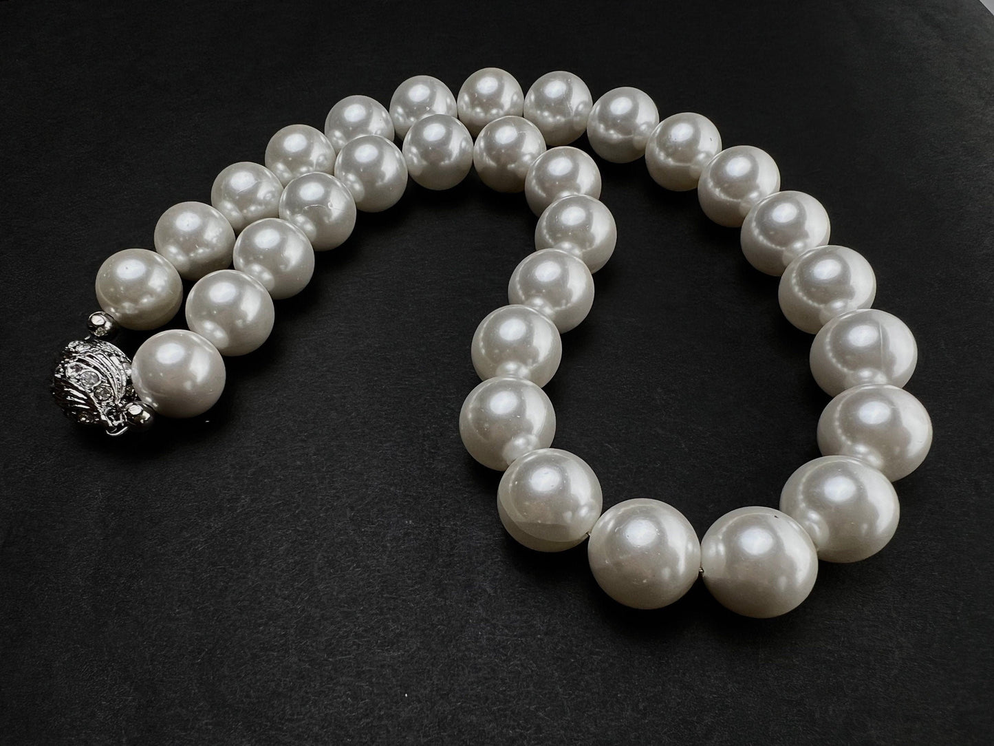 White South Sea Shell Pearl 14mm Large High Luster Statement Necklace, Magnet Ball Silver Rhodium Ball Clasp Necklace, Bridal
