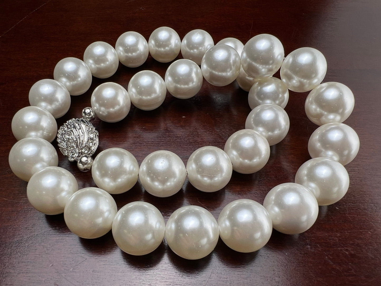 White South Sea Shell Pearl 14mm Large High Luster Statement Necklace, Magnet Ball Silver Rhodium Ball Clasp Necklace, Bridal