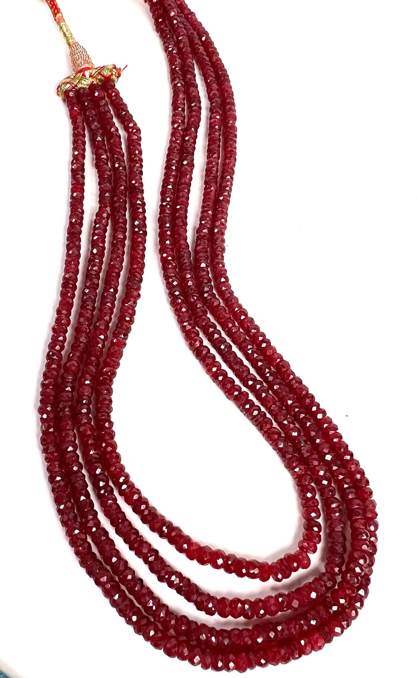 AAA Natural Ruby Faceted Roundel 4-4.5mm Multi Strand 4 Line Necklace. Bright Rich Red 16” Plus 9" Adjustable Thread. 403 carats