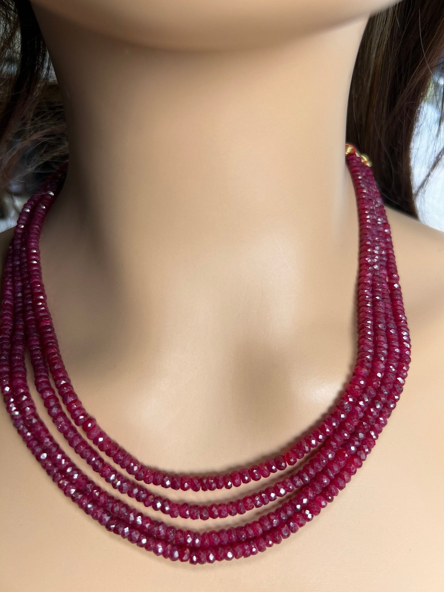AAA Natural Ruby Faceted Roundel 4-4.5mm Multi Strand 4 Line Necklace. Bright Rich Red 16” Plus 9" Adjustable Thread. 403 carats