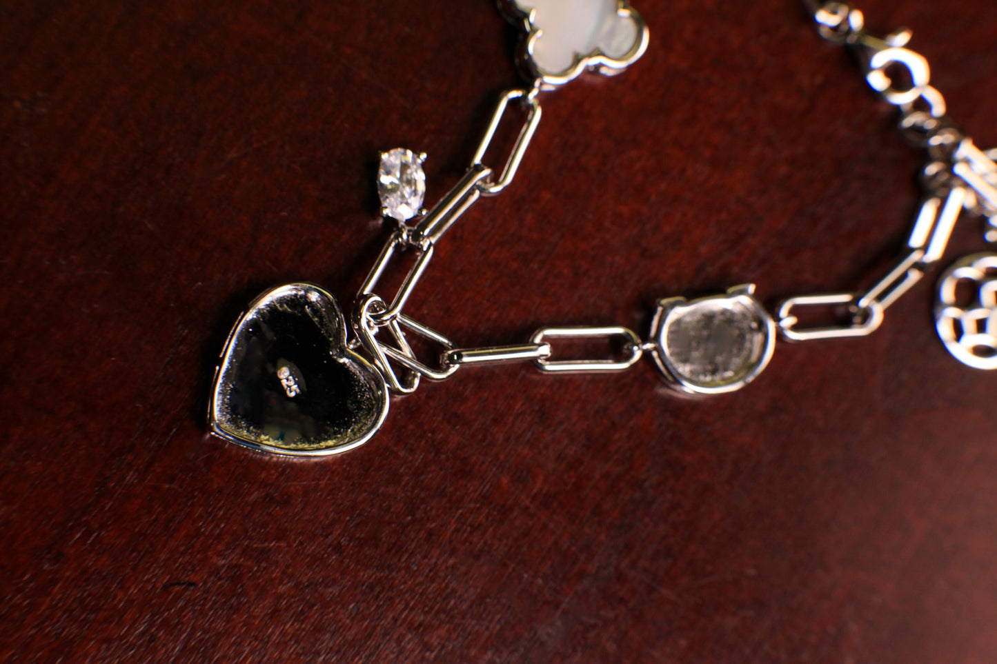 Solid 925 Sterling Silver Mother of Pearl Lucky Charm Heart Paperclip Chain CZ diamond Adjustable 6.5”to 7.5" bracelet, energy, Chakra, love