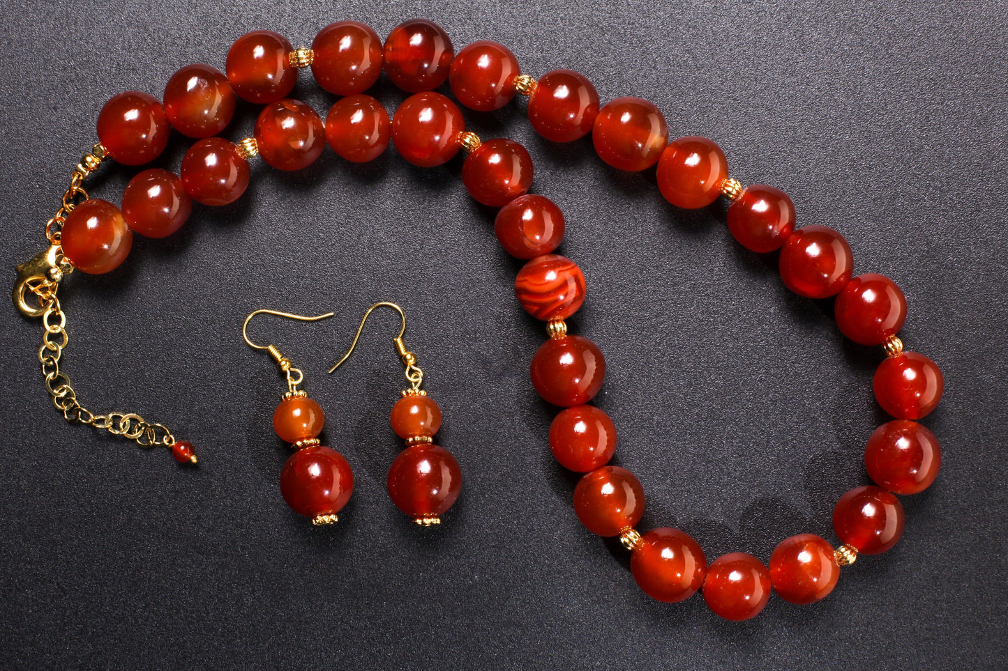Natural Carnelian Agate Necklace Earrings Set, 14mm smooth Round with Matching Earrings Healing Gemstones