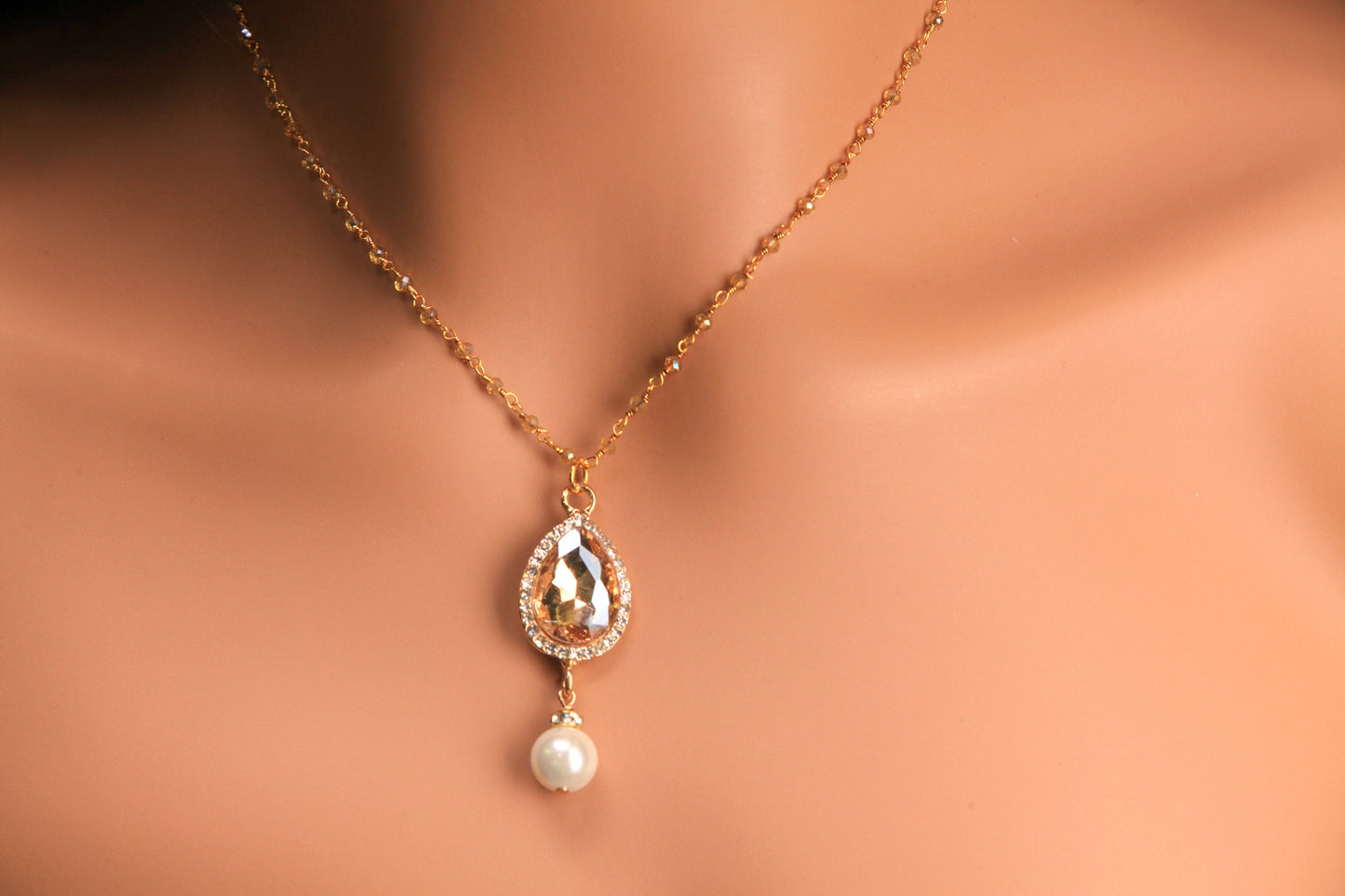 Yellow Topaz CZ crystal Dangling South Seashell pearl Pendant,Matching Crystal Wire Wrapped Necklace, Matching Pearl Earrings Set 18"+2"ext