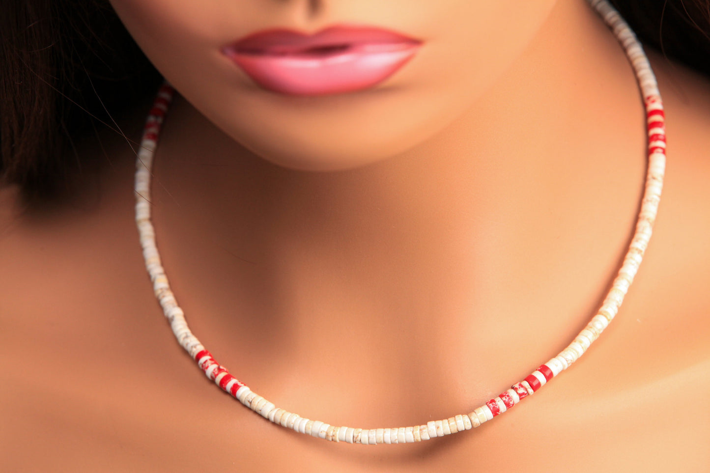 White Turquoise 4mm Heishi with Red impression jasper spacer Silver Necklace, for Man and Woman.