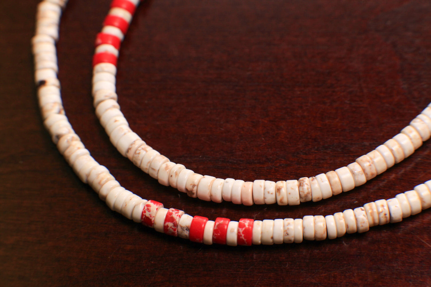 White Turquoise 4mm Heishi with Red impression jasper spacer Silver Necklace, for Man and Woman.