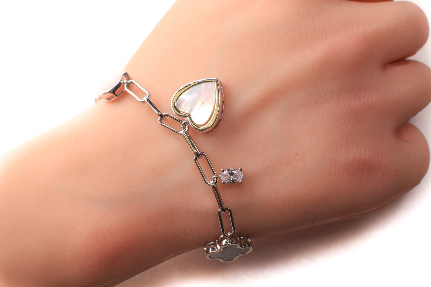 Solid 925 Sterling Silver Mother of Pearl Lucky Charm Heart Paperclip Chain CZ diamond Adjustable 6.5”to 7.5" bracelet, energy, Chakra, love