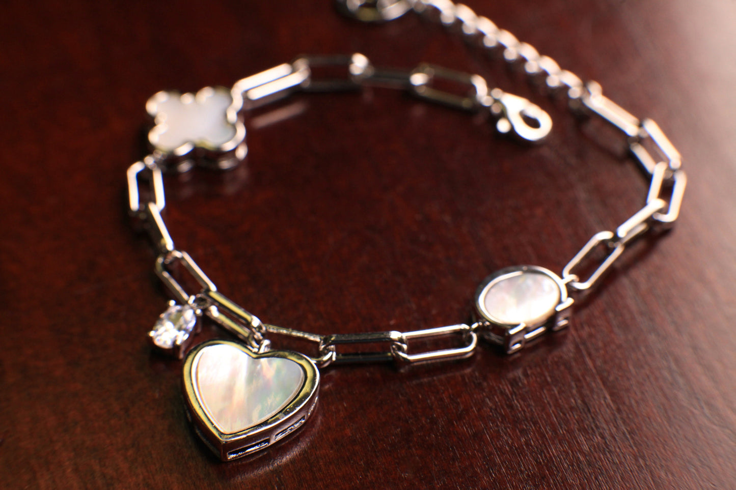 Solid 925 Sterling Silver Mother of Pearl Lucky Charm Heart Paperclip Chain CZ diamond Adjustable 6.5”to 7.5" bracelet, energy, Chakra, love
