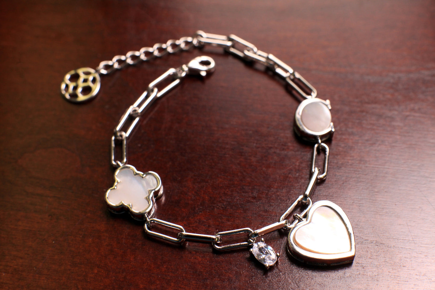 Solid 925 Sterling Silver Mother of Pearl Lucky Charm Heart Paperclip Chain CZ diamond Adjustable 6.5”to 7.5" bracelet, energy, Chakra, love