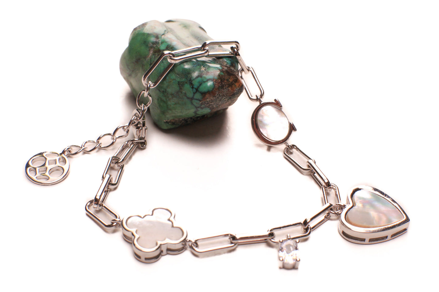 Solid 925 Sterling Silver Mother of Pearl Lucky Charm Heart Paperclip Chain CZ diamond Adjustable 6.5”to 7.5" bracelet, energy, Chakra, love