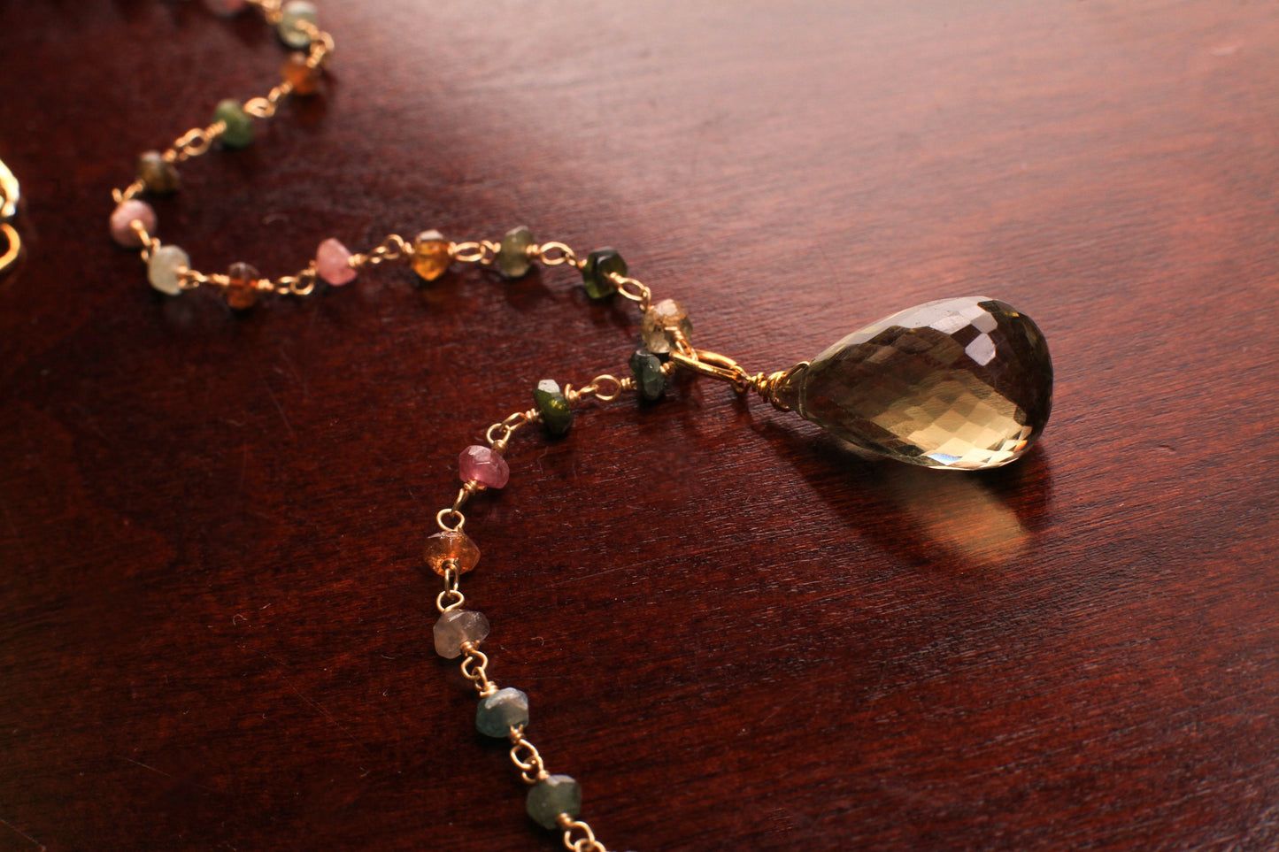 Natural Whiskey Quartz pear drop Wire Wrapped Briolette Dangle on Multi Tourmaline gold beaded chain Handmade Necklace Gift